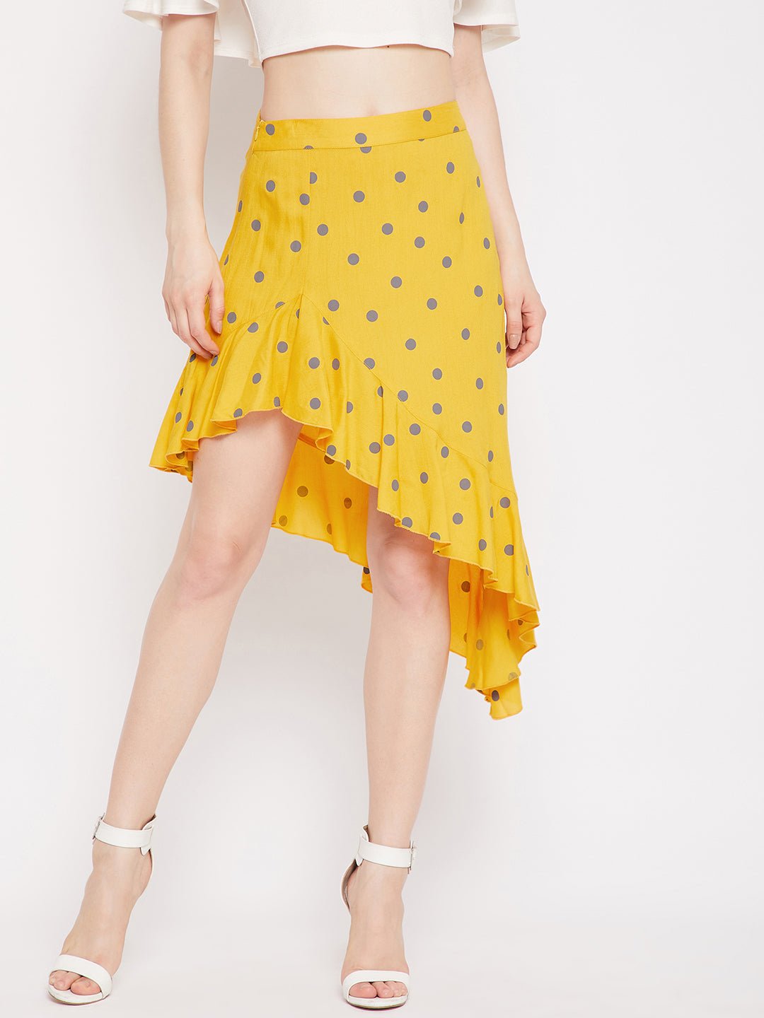 Folk Republic Women Yellow & Grey Polka Dot Printed Asymmetric Hem Ruffled Mini Skirt - #folk republic#