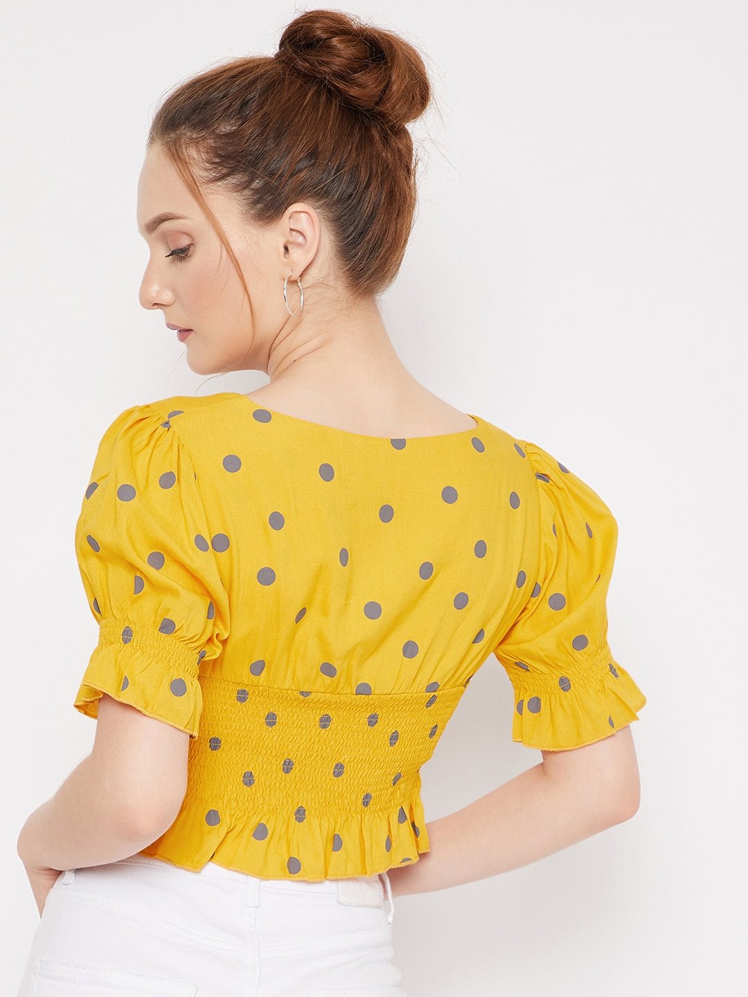Folk Republic Women Yellow & Grey Polka Dot Printed V-Neck Ruffle Trim Shirred Crop Top - #folk republic#