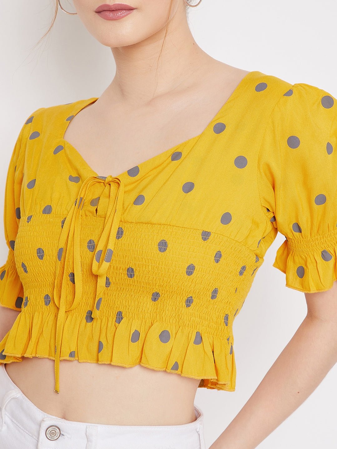 Folk Republic Women Yellow & Grey Polka Dot Printed V-Neck Ruffle Trim Shirred Crop Top - #folk republic#