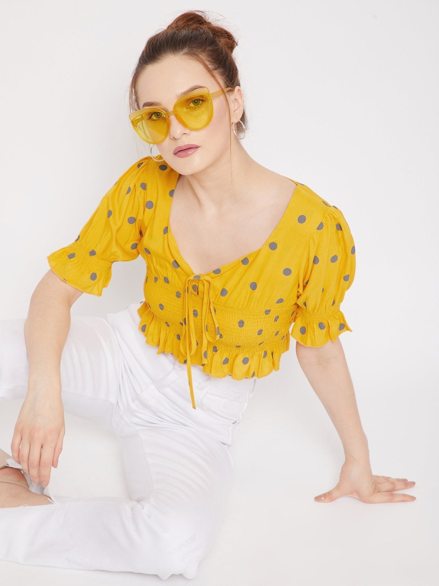 Folk Republic Women Yellow & Grey Polka Dot Printed V-Neck Ruffle Trim Shirred Crop Top - #folk republic#
