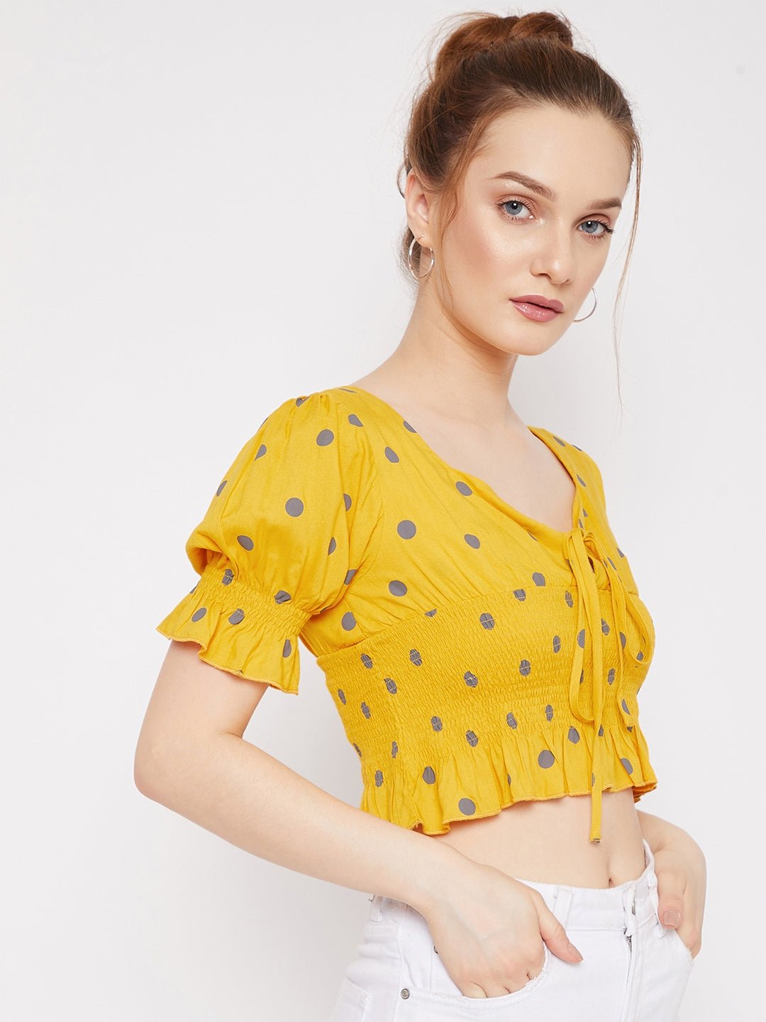 Folk Republic Women Yellow & Grey Polka Dot Printed V-Neck Ruffle Trim Shirred Crop Top - #folk republic#