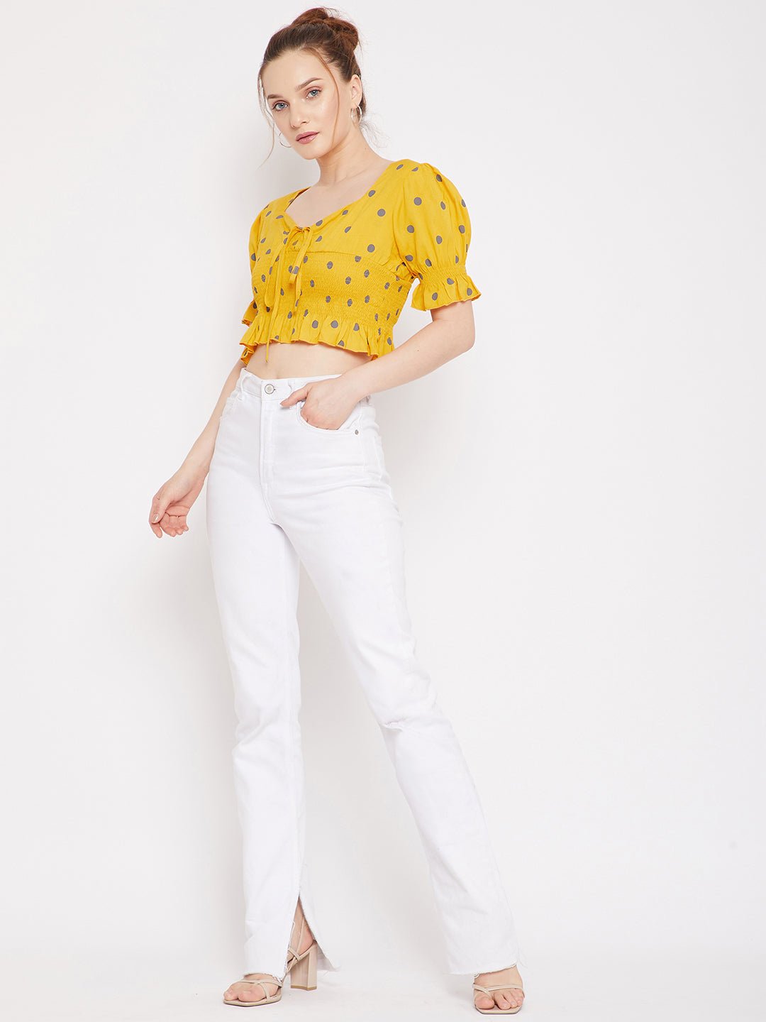 Folk Republic Women Yellow & Grey Polka Dot Printed V-Neck Ruffle Trim Shirred Crop Top - #folk republic#