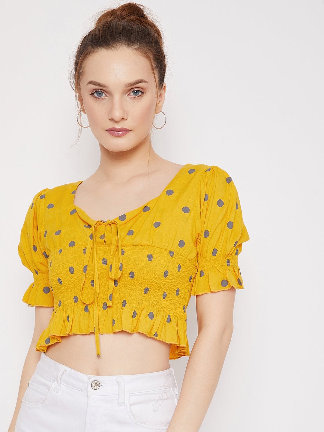 Folk Republic Women Yellow & Grey Polka Dot Printed V-Neck Ruffle Trim Shirred Crop Top - #folk republic#