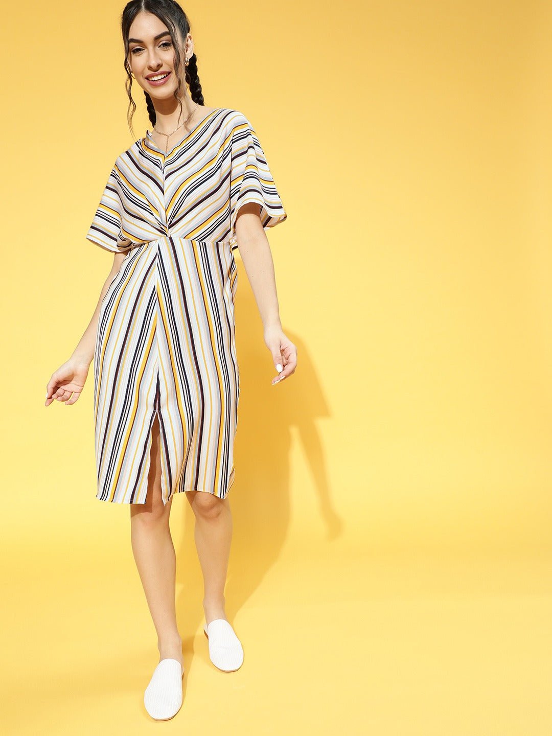 Folk Republic Women Yellow & Off-White Stripe Printed V-Neck Front Slit Pleated A-Line Mini Dress - #folk republic#