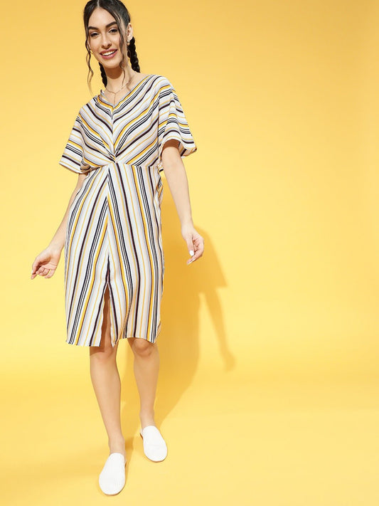 Folk Republic Women Yellow & Off-White Stripe Printed V-Neck Front Slit Pleated A-Line Mini Dress - #folk republic#