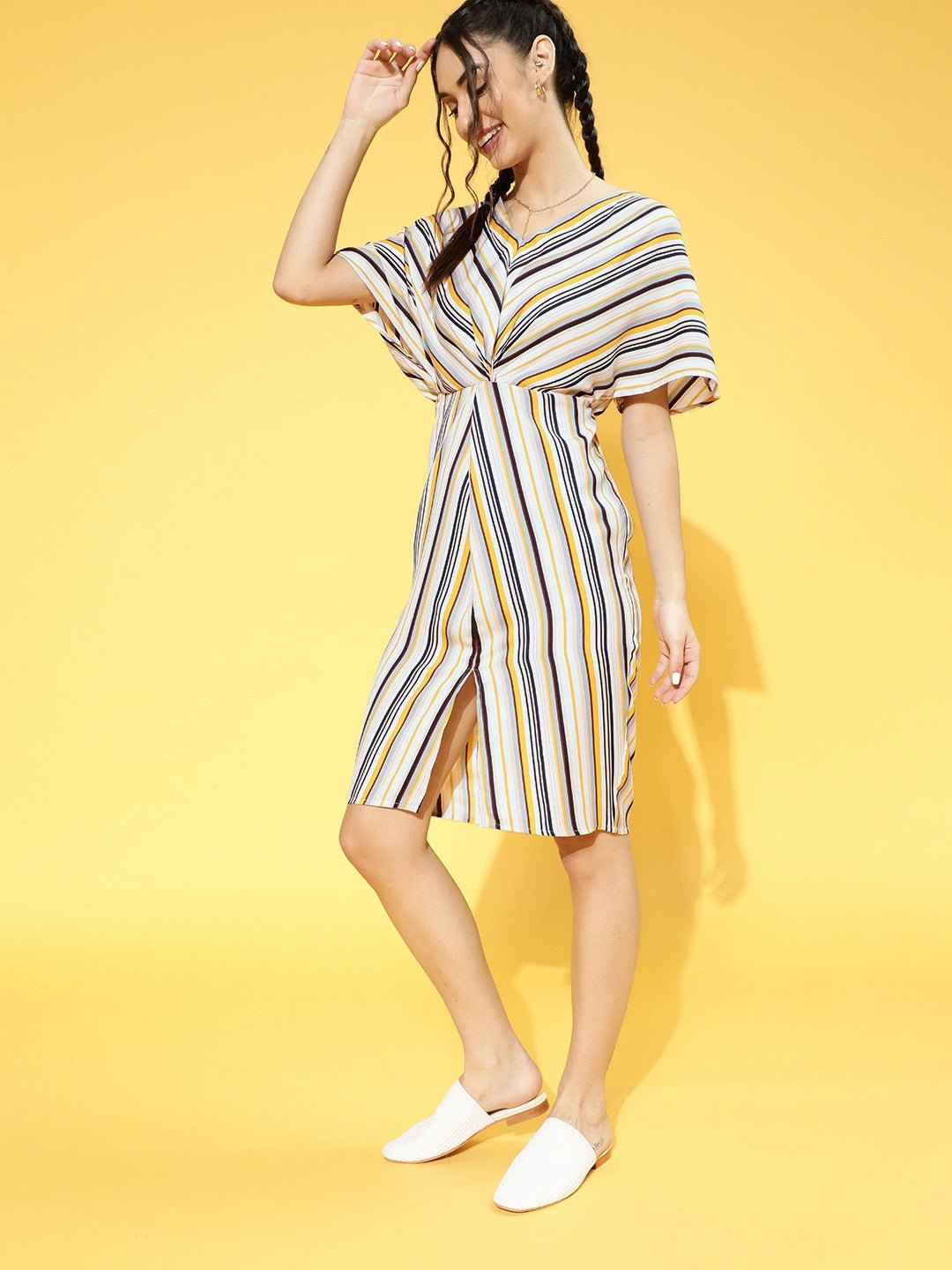 Folk Republic Women Yellow & Off-White Stripe Printed V-Neck Front Slit Pleated A-Line Mini Dress - #folk republic#