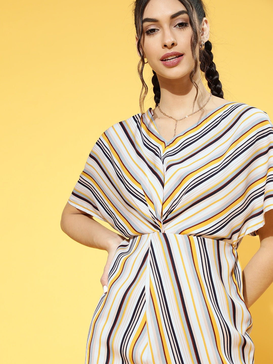 Folk Republic Women Yellow & Off-White Stripe Printed V-Neck Front Slit Pleated A-Line Mini Dress - #folk republic#