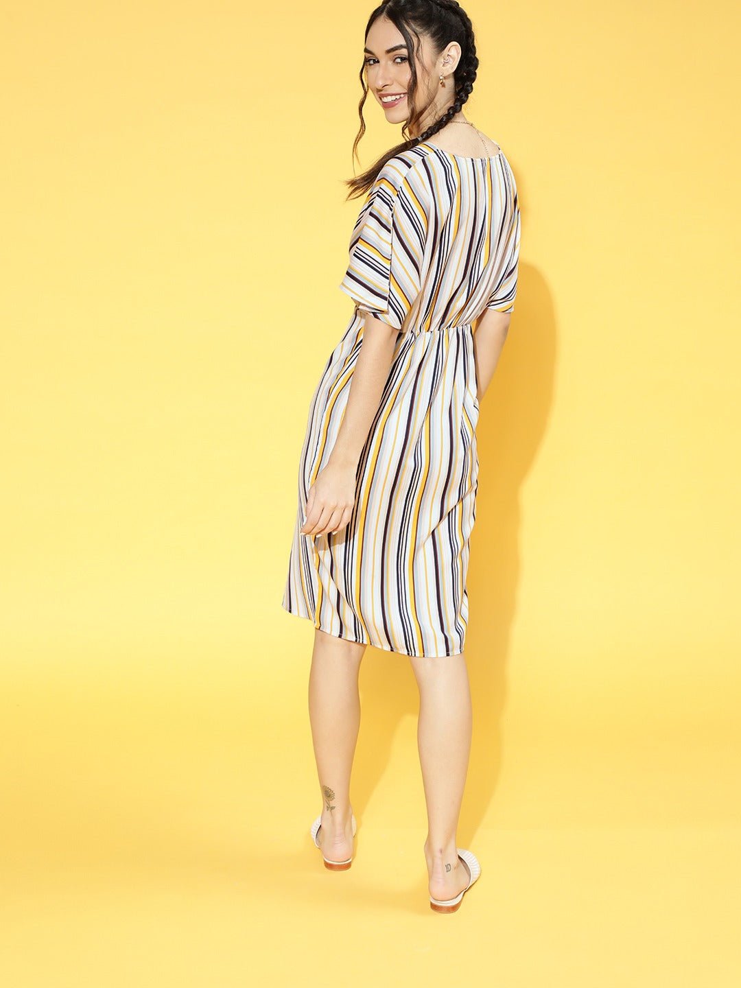 Folk Republic Women Yellow & Off-White Stripe Printed V-Neck Front Slit Pleated A-Line Mini Dress - #folk republic#