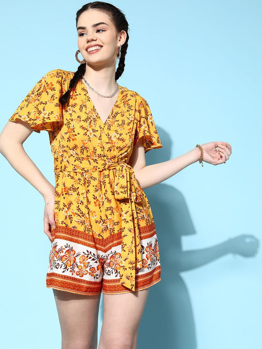 Folk Republic Women Yellow & Orange Floral Printed V-Neck Waist Tie-Up Wrap Mini Playsuit - #folk republic#