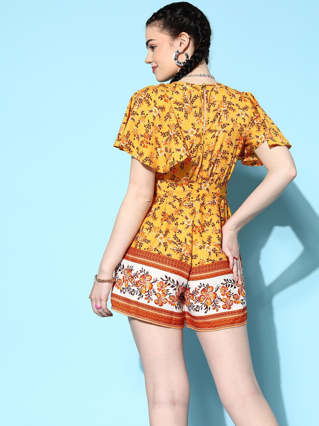 Folk Republic Women Yellow & Orange Floral Printed V-Neck Waist Tie-Up Wrap Mini Playsuit - #folk republic#