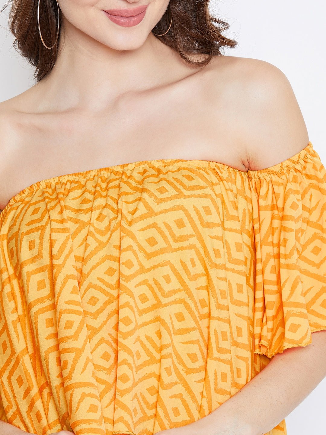 Folk Republic Women Yellow & Orange Geometric Printed Off-Shoulder Pleated Bardot Top - #folk republic#