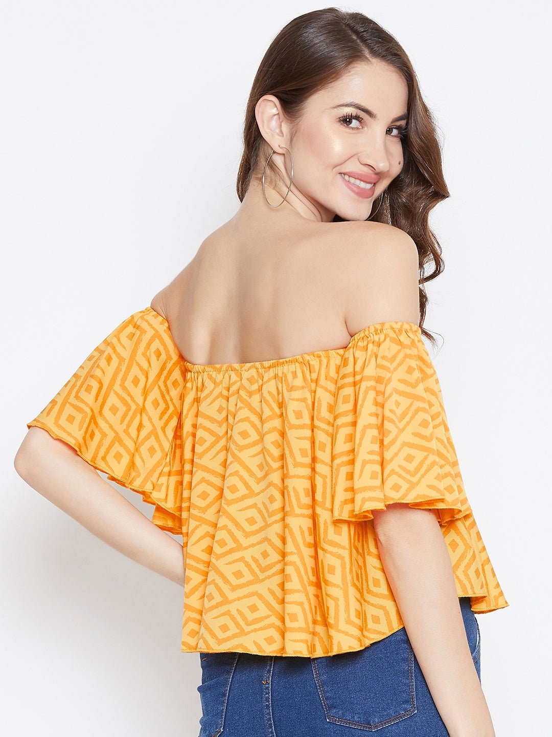 Folk Republic Women Yellow & Orange Geometric Printed Off-Shoulder Pleated Bardot Top - #folk republic#