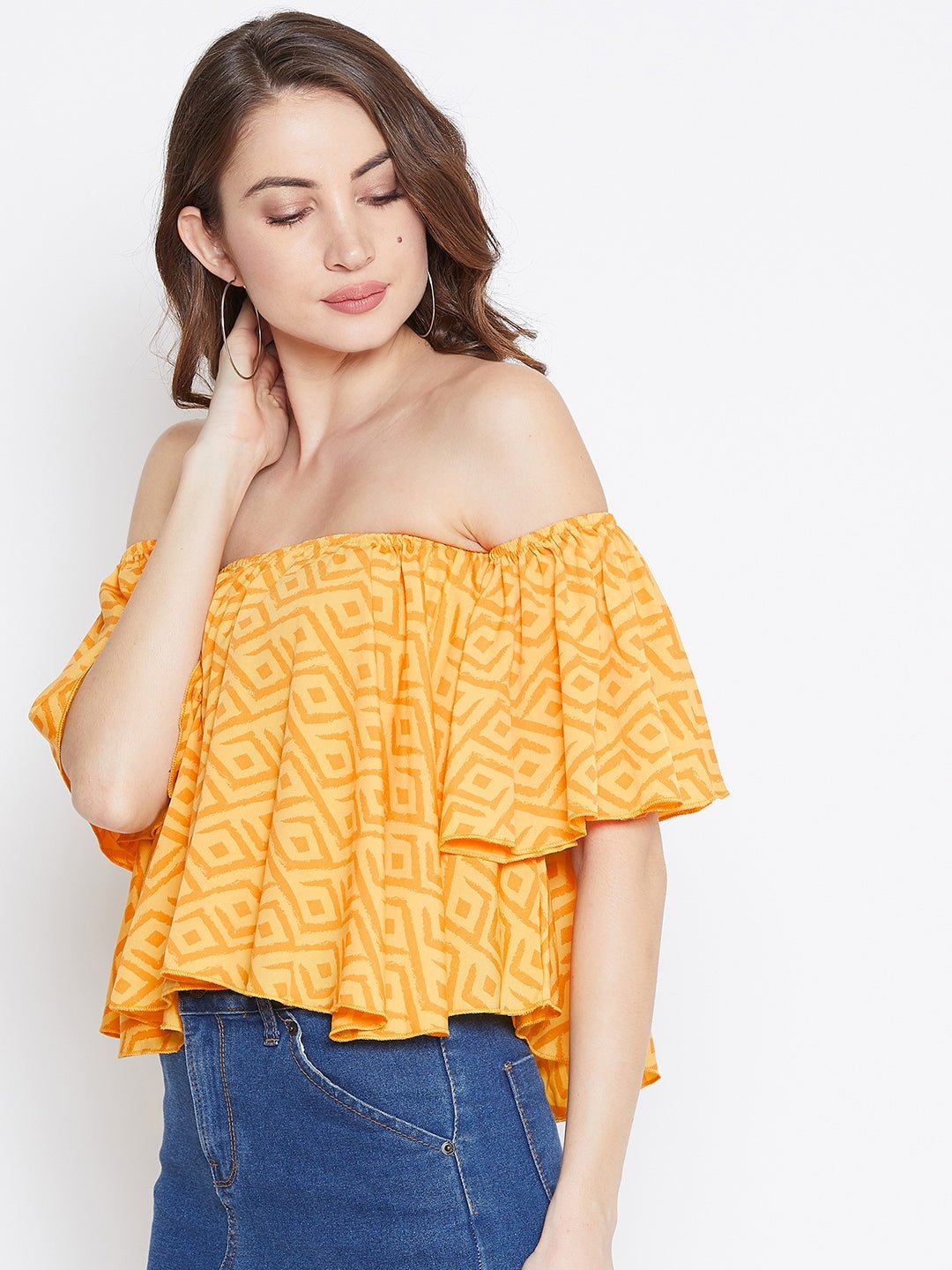 Folk Republic Women Yellow & Orange Geometric Printed Off-Shoulder Pleated Bardot Top - #folk republic#