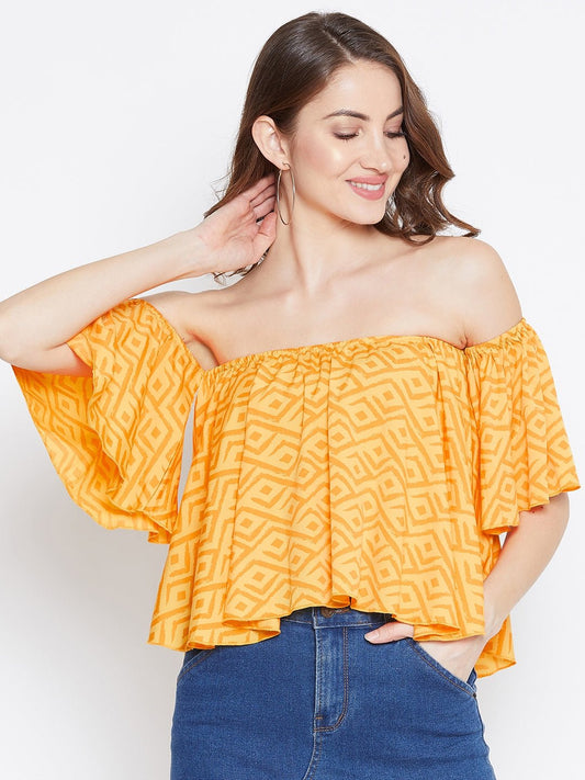 Folk Republic Women Yellow & Orange Geometric Printed Off-Shoulder Pleated Bardot Top - #folk republic#