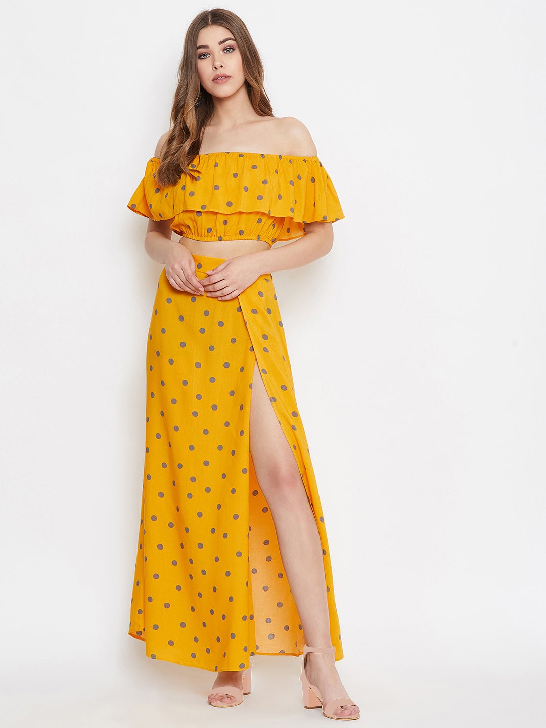 Folk Republic Women Yellow Polka Dot Printed Off-Shoulder Co-Ordinate Maxi Dress - #folk republic#