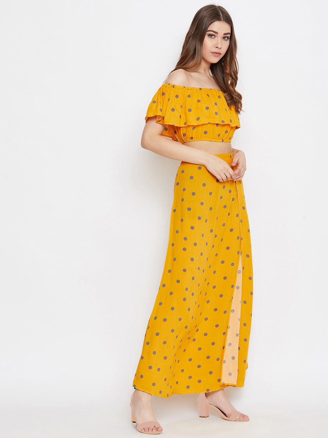 Folk Republic Women Yellow Polka Dot Printed Off-Shoulder Co-Ordinate Maxi Dress - #folk republic#