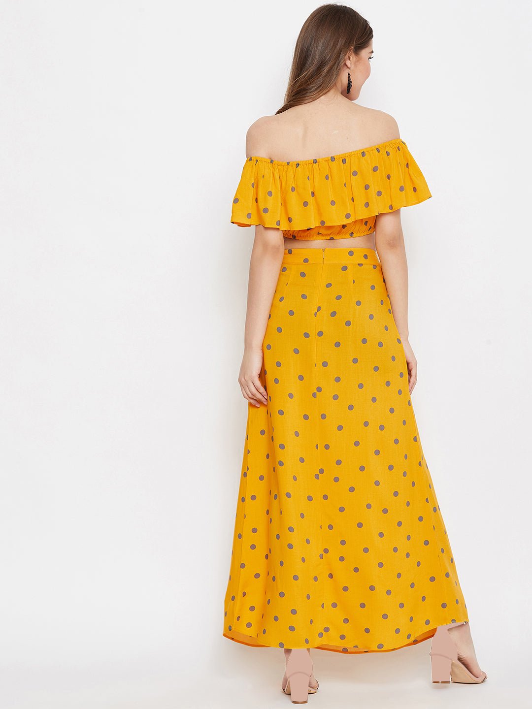 Folk Republic Women Yellow Polka Dot Printed Off-Shoulder Co-Ordinate Maxi Dress - #folk republic#