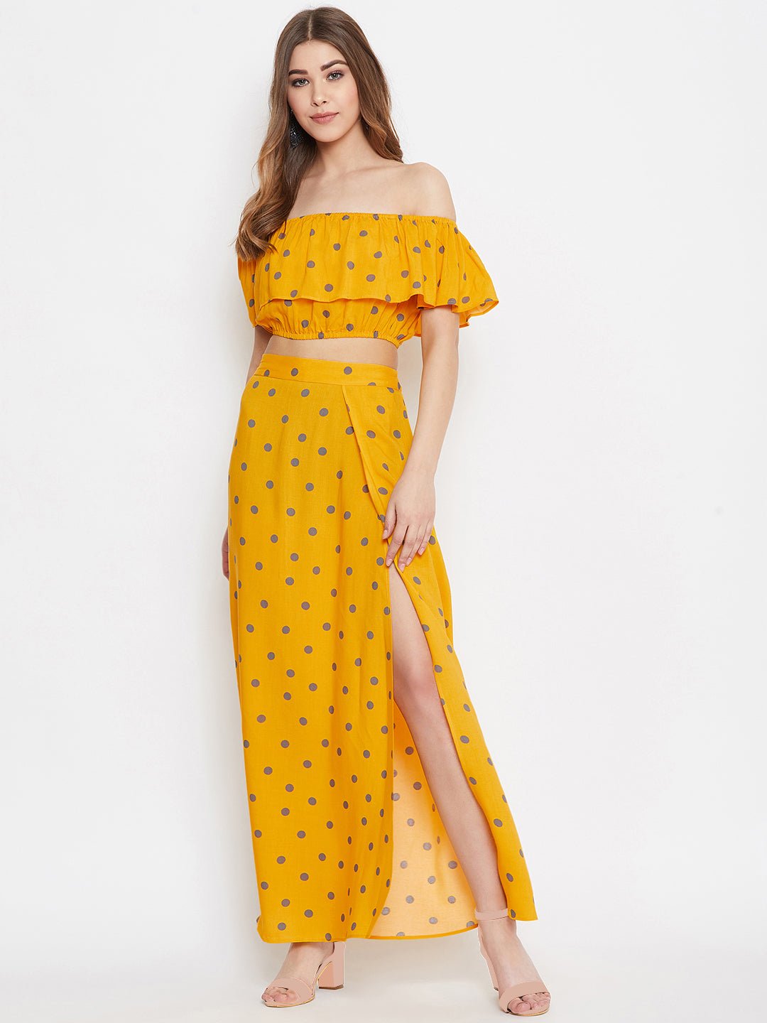 Folk Republic Women Yellow Polka Dot Printed Off-Shoulder Co-Ordinate Maxi Dress - #folk republic#