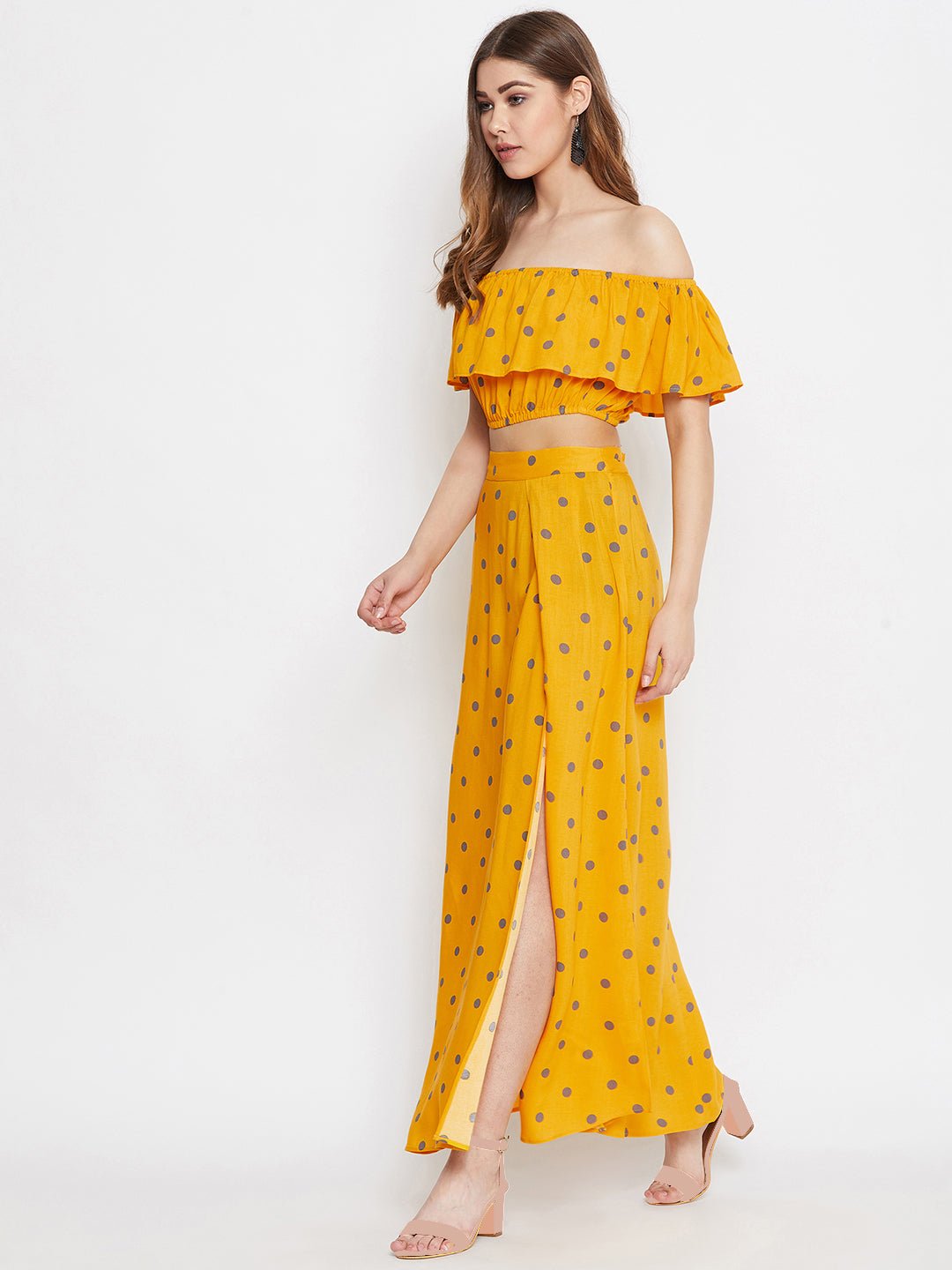 Folk Republic Women Yellow Polka Dot Printed Off-Shoulder Co-Ordinate Maxi Dress - #folk republic#