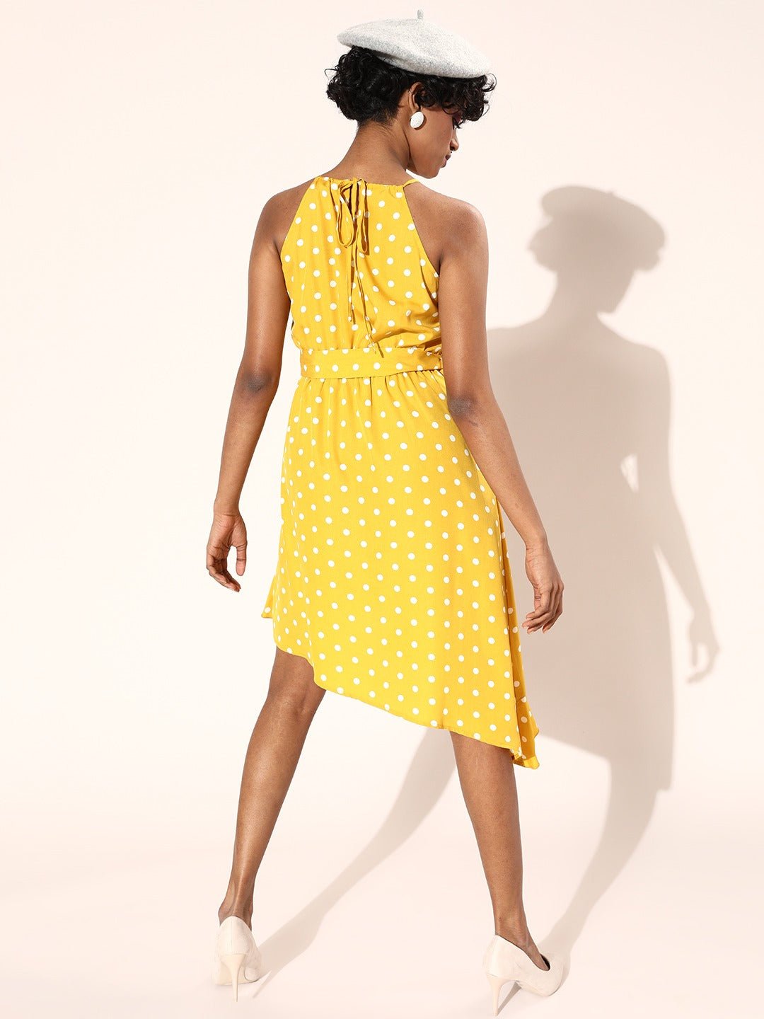 Folk Republic Women Yellow Polka Dot Printed Square Neck Waist Tie-Up Asymmetrical Fit & Flare Midi Dress - #folk republic#