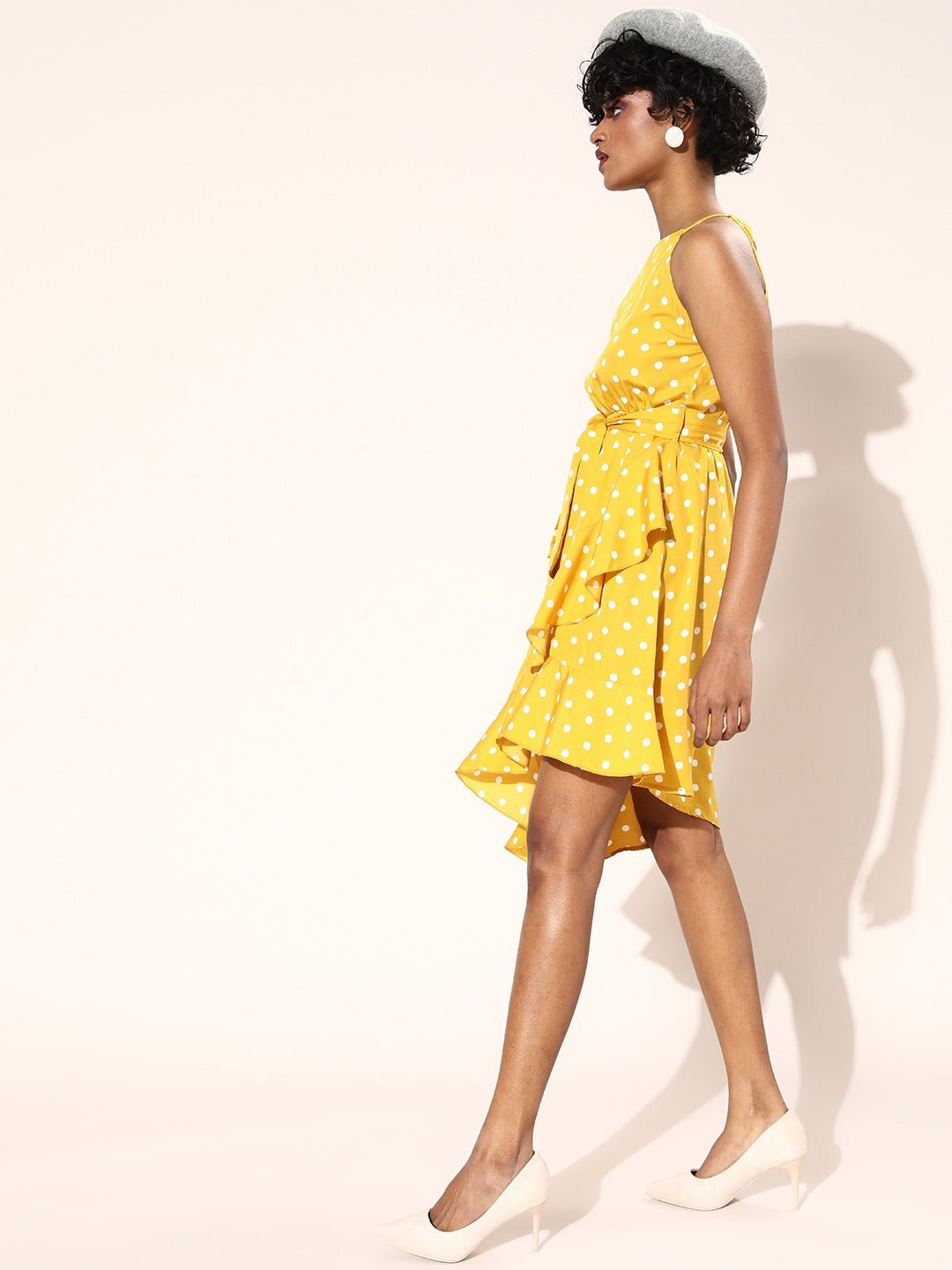 Folk Republic Women Yellow Polka Dot Printed Square Neck Waist Tie-Up Asymmetrical Fit & Flare Midi Dress - #folk republic#