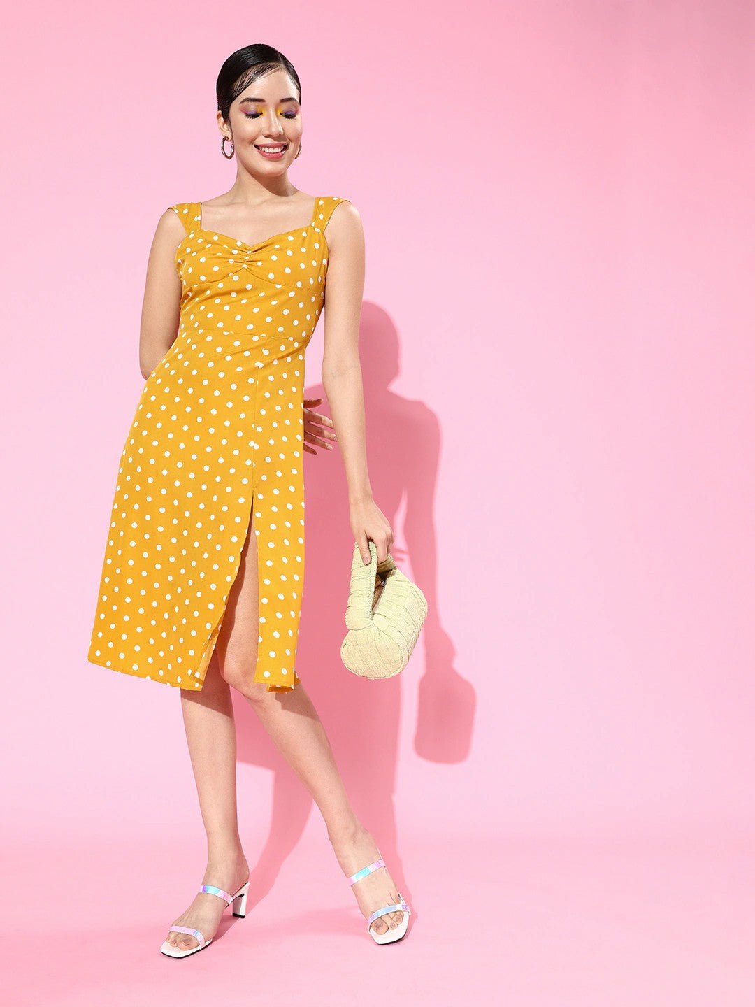 Folk Republic Women Yellow Polka Dot Printed Sweetheart Neck Flared A-Line Midi Dress - #folk republic#