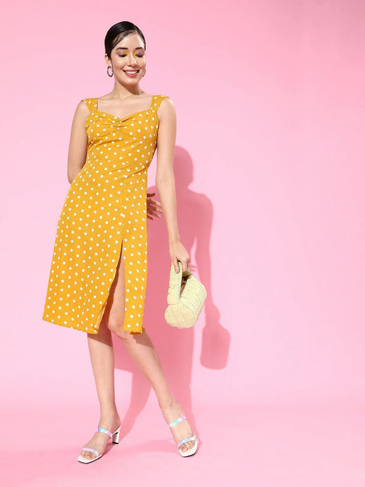 Folk Republic Women Yellow Polka Dot Printed Sweetheart Neck Flared A-Line Midi Dress - #folk republic#