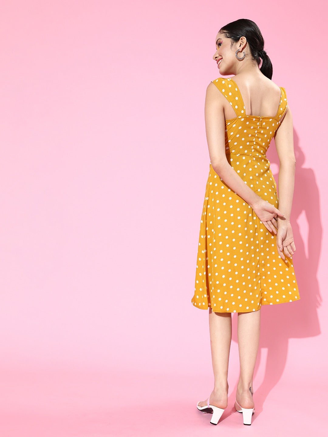 Folk Republic Women Yellow Polka Dot Printed Sweetheart Neck Flared A-Line Midi Dress - #folk republic#