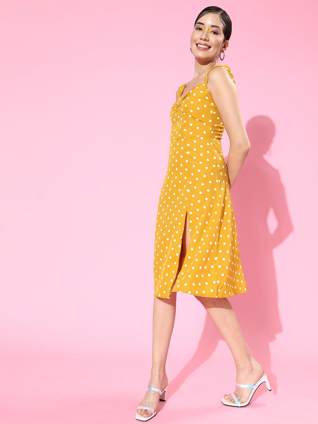 Folk Republic Women Yellow Polka Dot Printed Sweetheart Neck Flared A-Line Midi Dress - #folk republic#
