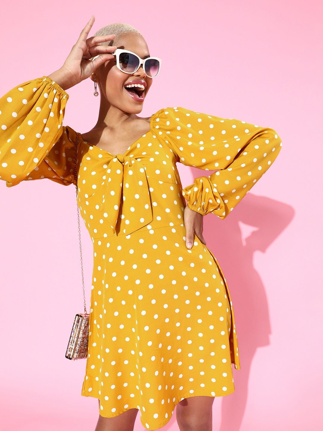 Folk Republic Women Yellow Polka Dot Printed Tie-Up Sweetheart Neck Flared A-Line Mini Dress - #folk republic#