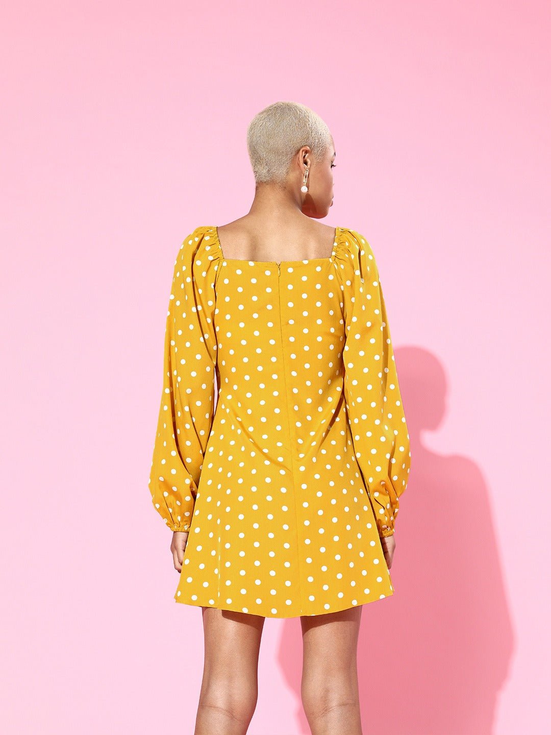 Folk Republic Women Yellow Polka Dot Printed Tie-Up Sweetheart Neck Flared A-Line Mini Dress - #folk republic#