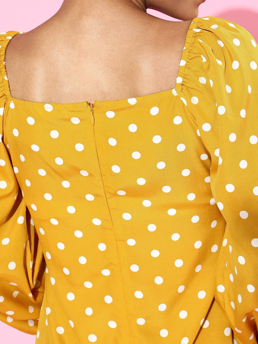 Folk Republic Women Yellow Polka Dot Printed Tie-Up Sweetheart Neck Flared A-Line Mini Dress - #folk republic#