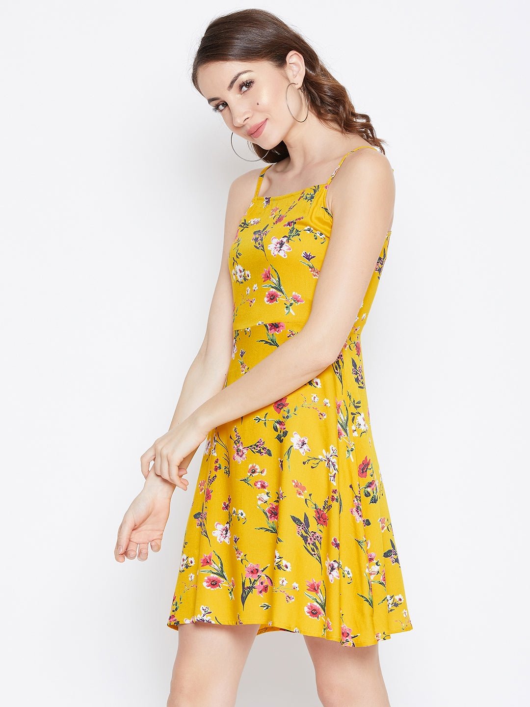 Folk Republic Women Yellow & Red Floral Printed Square Neck Fit & Flare Mini Dress - #folk republic#