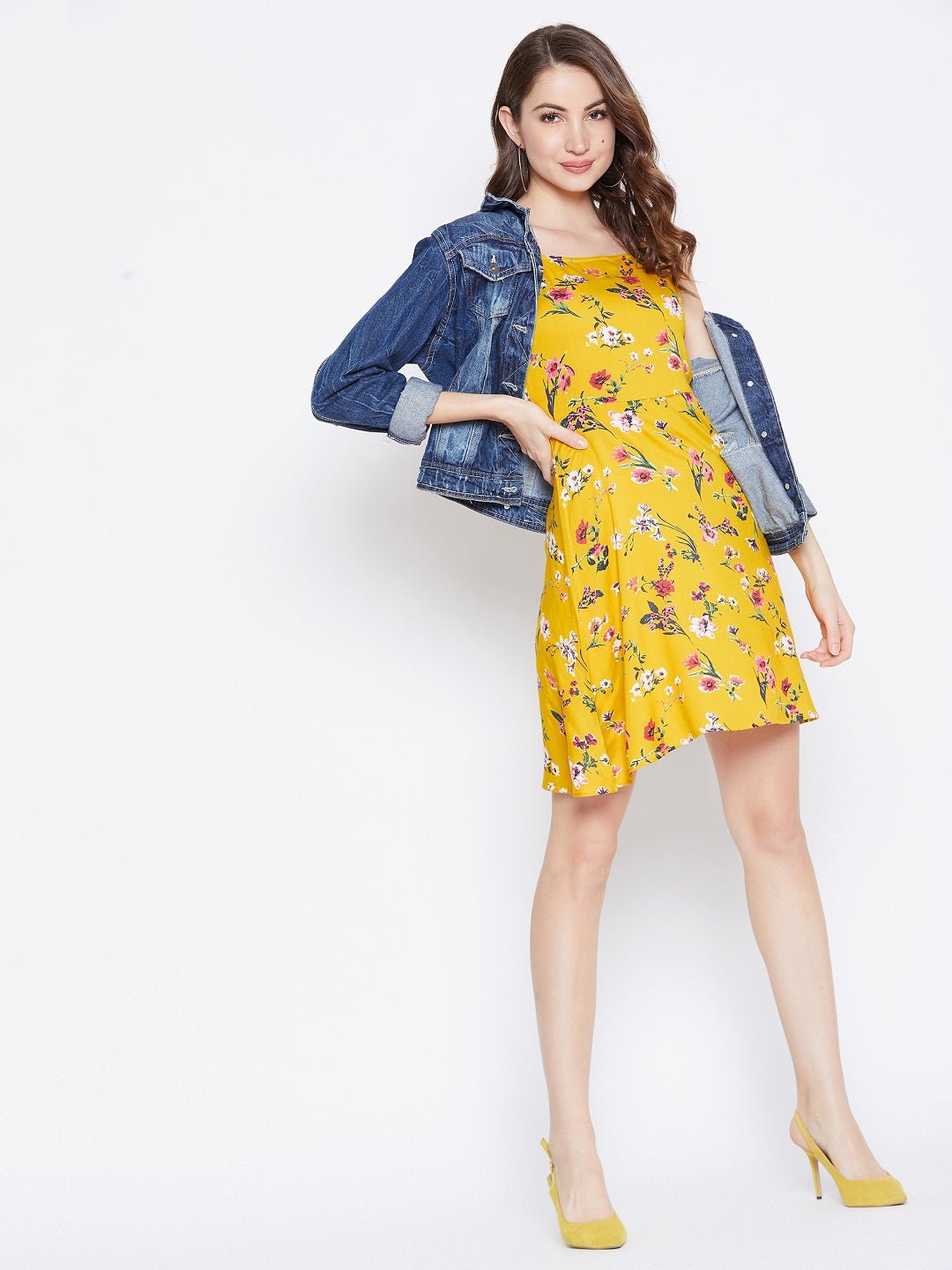 Folk Republic Women Yellow & Red Floral Printed Square Neck Fit & Flare Mini Dress - #folk republic#