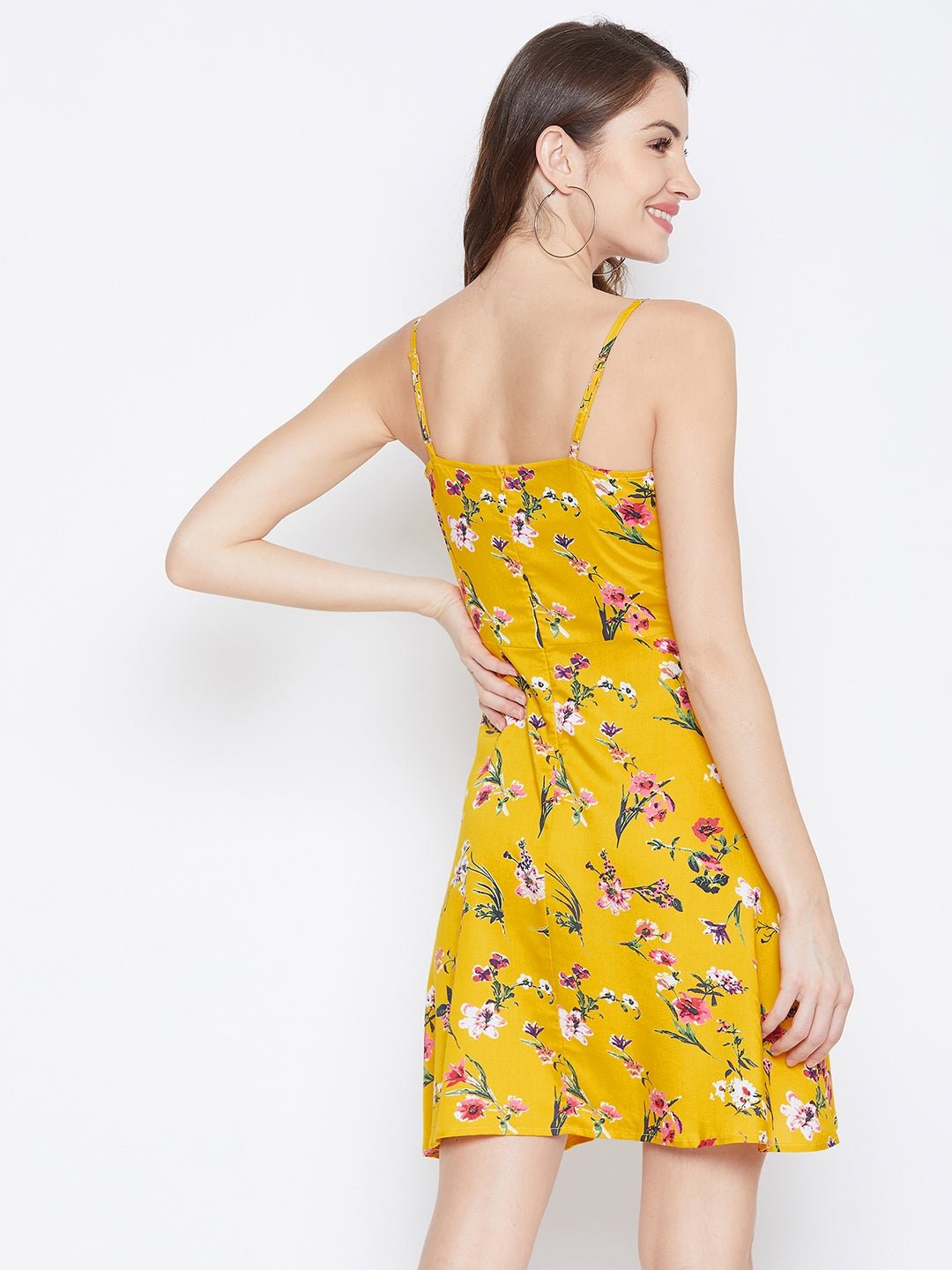 Folk Republic Women Yellow & Red Floral Printed Square Neck Fit & Flare Mini Dress - #folk republic#