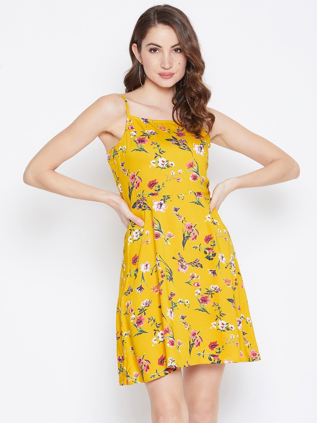 Folk Republic Women Yellow & Red Floral Printed Square Neck Fit & Flare Mini Dress - #folk republic#