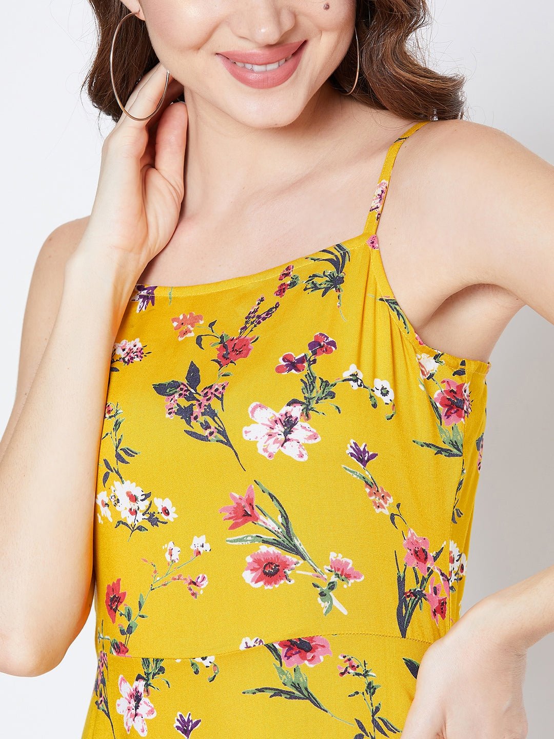 Folk Republic Women Yellow & Red Floral Printed Square Neck Fit & Flare Mini Dress - #folk republic#