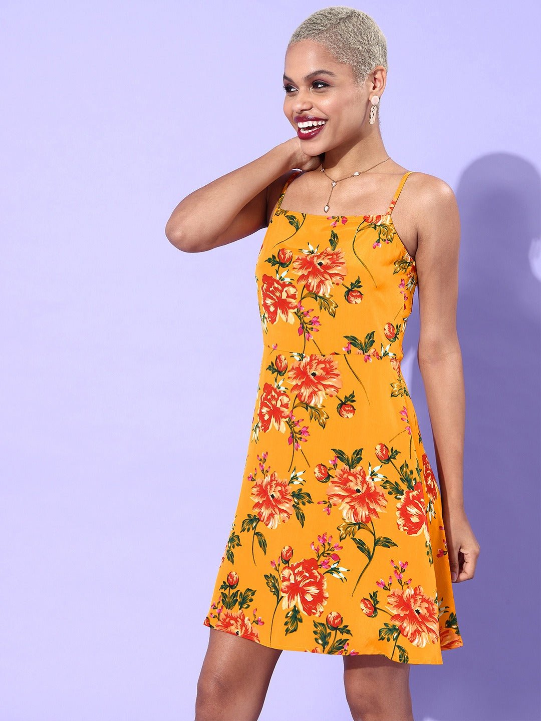 Folk Republic Women Yellow & Red Floral Printed Square Neck Mini Dress - #folk republic#