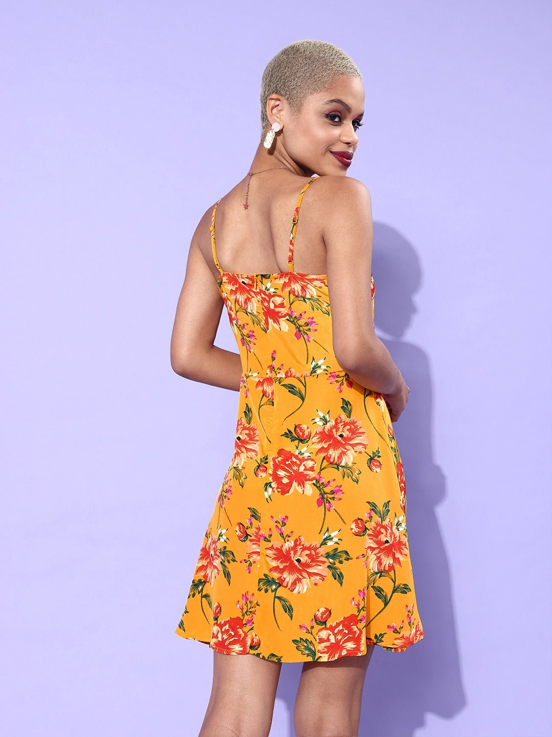 Folk Republic Women Yellow & Red Floral Printed Square Neck Mini Dress - #folk republic#