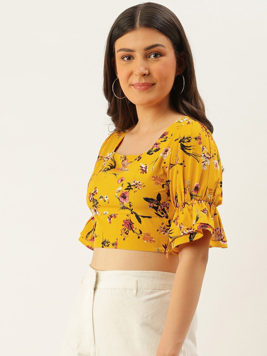 Folk Republic Women Yellow Square Neck Floral Printed Crop Top - #folk republic#