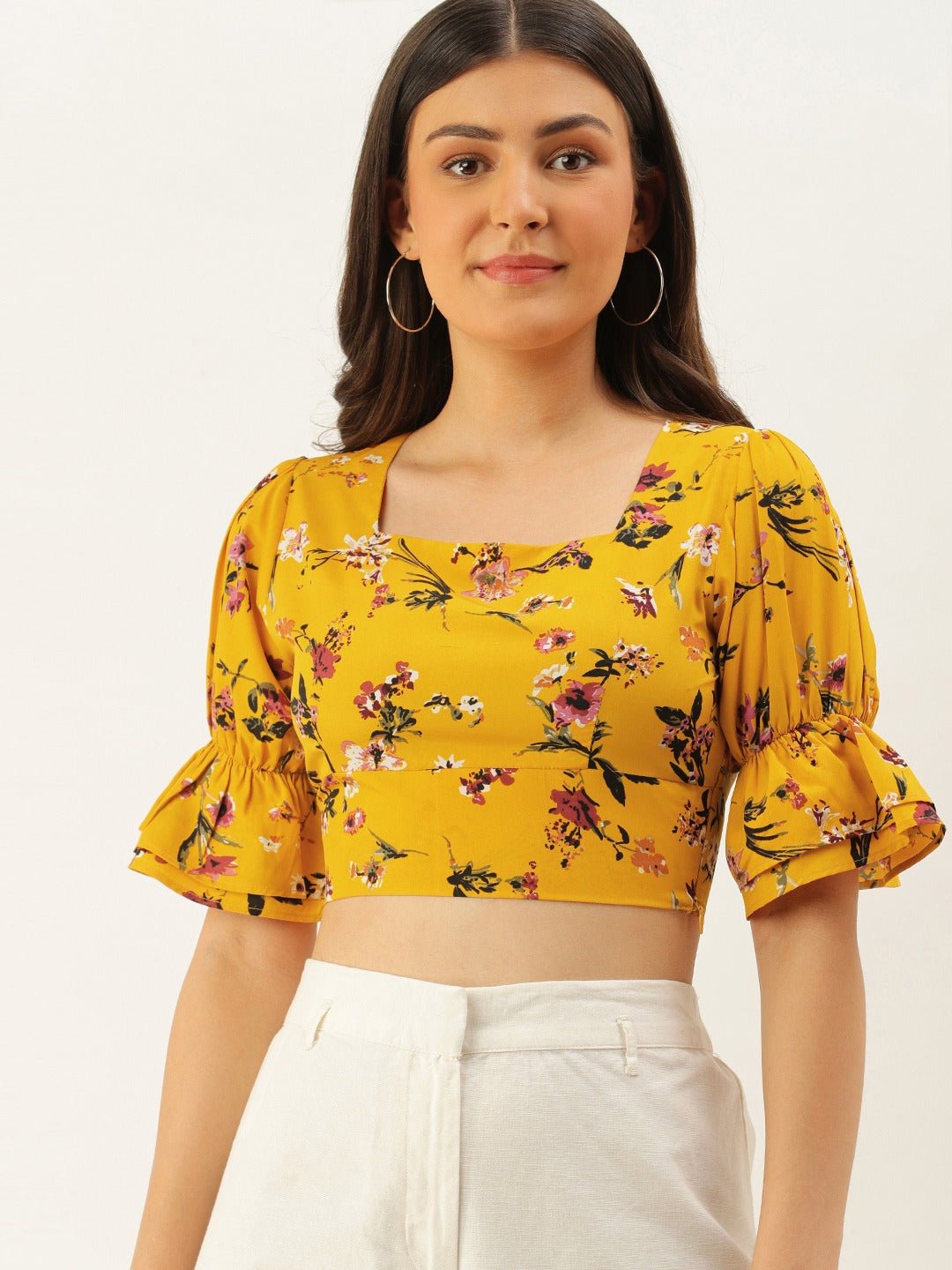 Folk Republic Women Yellow Square Neck Floral Printed Crop Top - #folk republic#