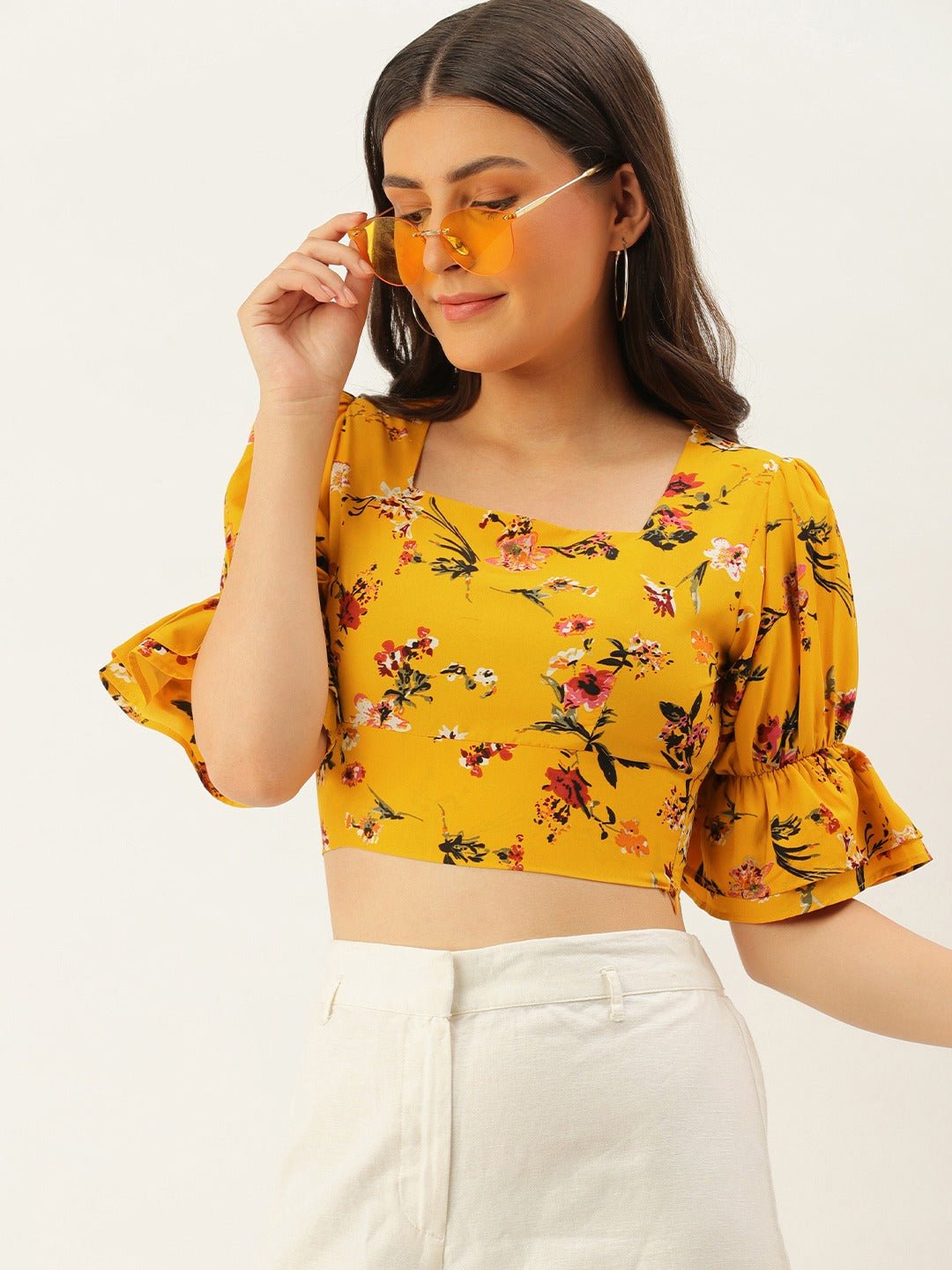 Folk Republic Women Yellow Square Neck Floral Printed Crop Top - #folk republic#