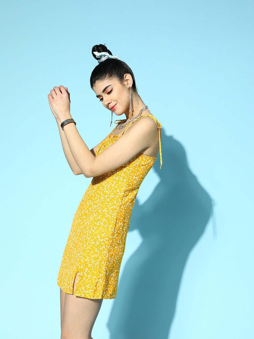 Folk Republic Women Yellow & White Ditsy Floral Printed Square Neck Crepe Straight Hem Pleated Empire Mini Dress - #folk republic#
