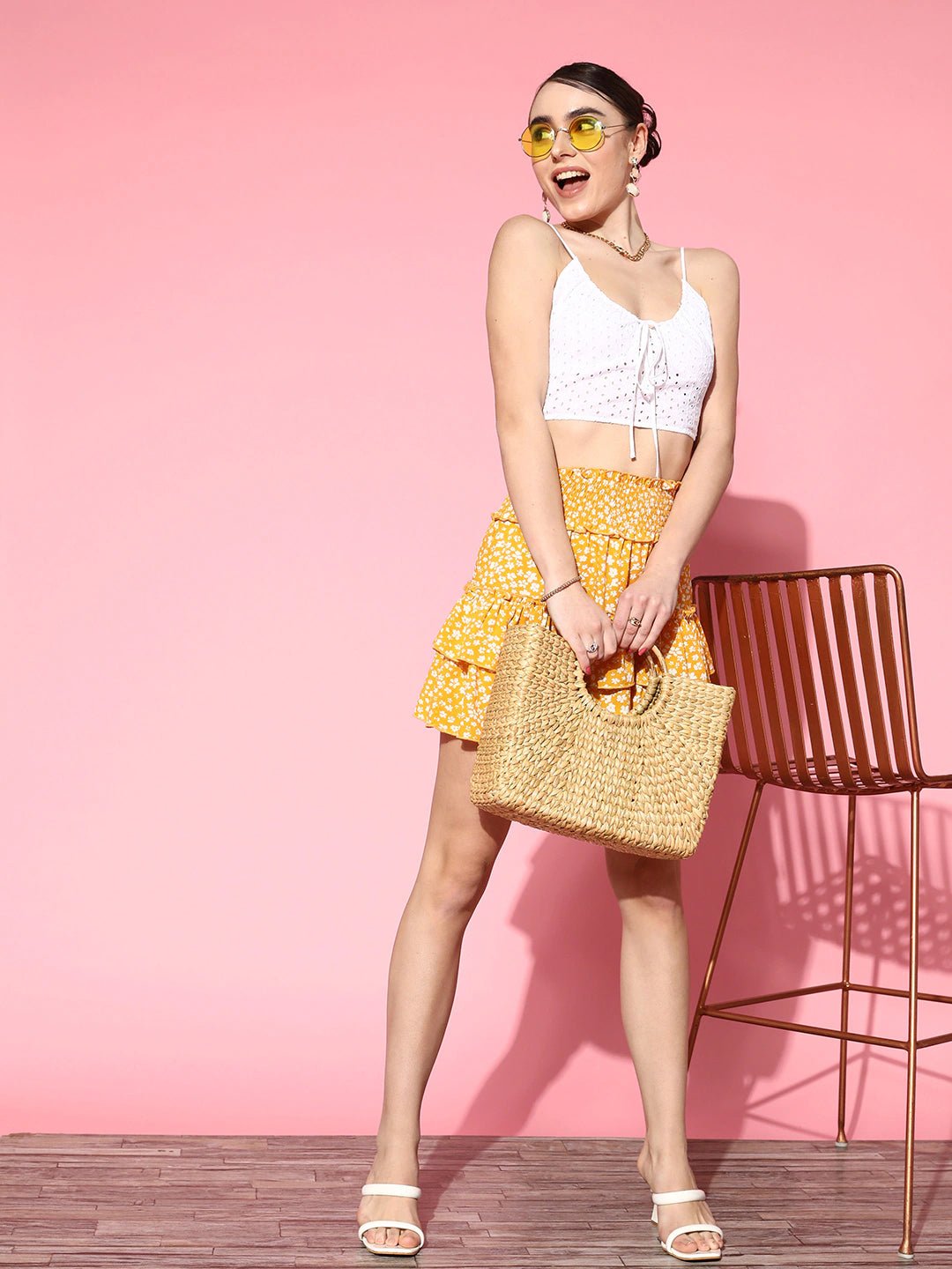Folk Republic Women Yellow & White Floral Printed Crepe Slip-On Tiered Mini Skirt - #folk republic#