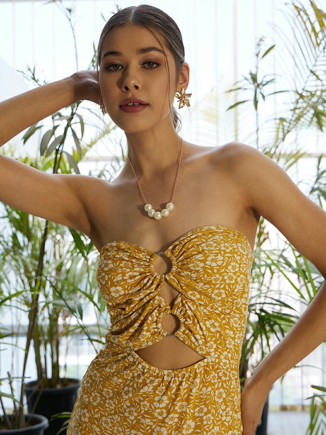 Folk Republic Women Yellow & White Floral Printed Strapless Neck Front Cut-Out Cotton Straight Hem Bodycon Mini Dress - #folk republic#