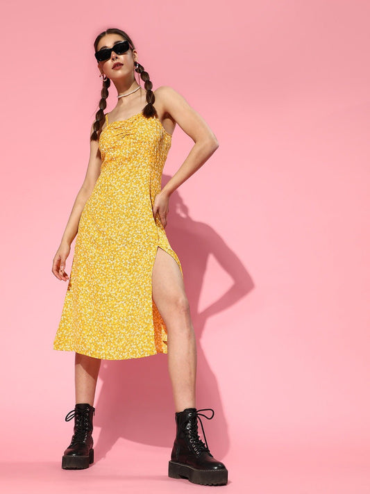 Folk Republic Women Yellow & White Floral Printed Sweetheart Neck Straight Hem Slited A-Line Midi Dress - #folk republic#