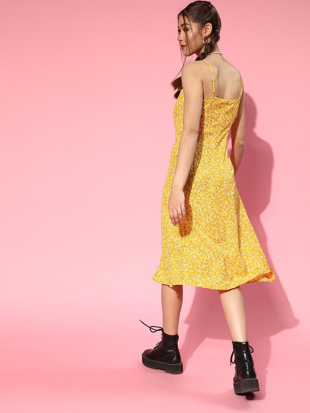 Folk Republic Women Yellow & White Floral Printed Sweetheart Neck Straight Hem Slited A-Line Midi Dress - #folk republic#