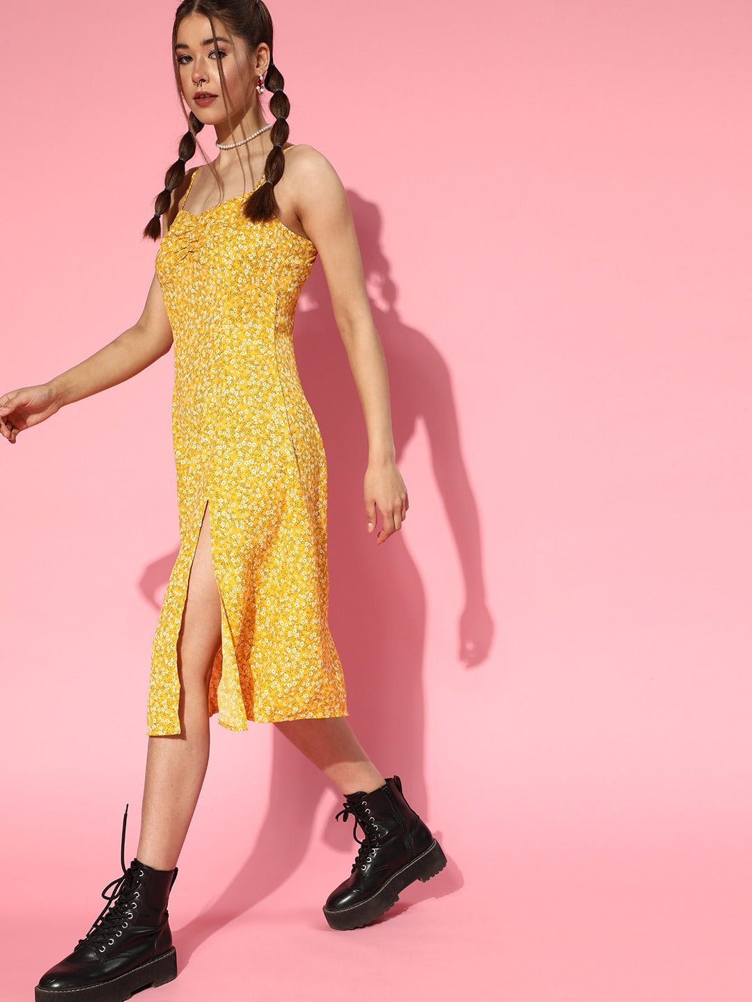 Folk Republic Women Yellow & White Floral Printed Sweetheart Neck Straight Hem Slited A-Line Midi Dress - #folk republic#