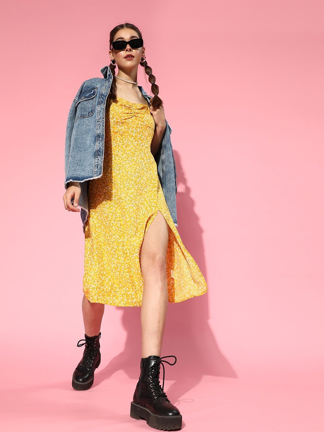 Folk Republic Women Yellow & White Floral Printed Sweetheart Neck Straight Hem Slited A-Line Midi Dress - #folk republic#