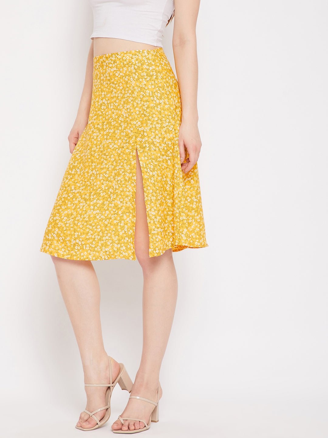 Folk Republic Women Yellow & White Floral Printed Thigh-High Slit Pencil Midi Skirt - #folk republic#